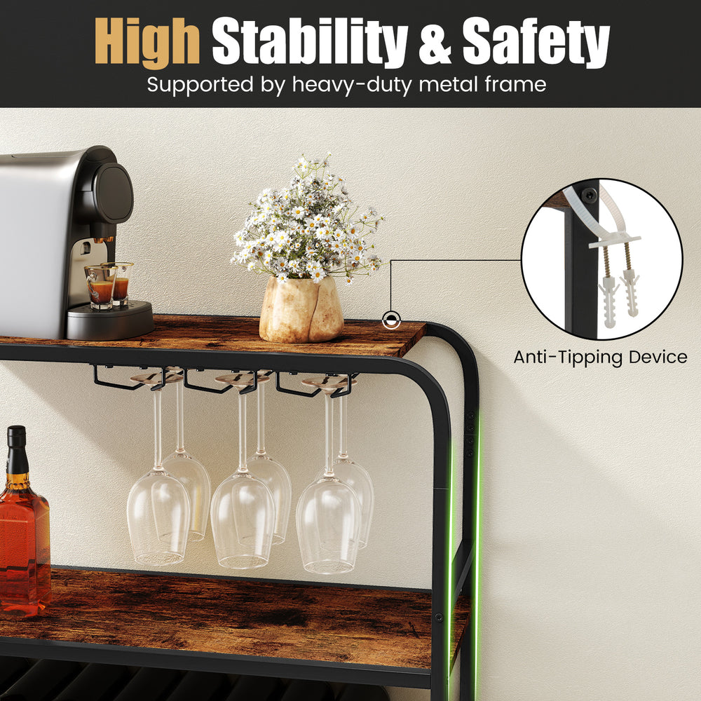 16-bottle wine rack in rustic brown with glass holders, featuring a sturdy metal frame and anti-tipping device for.