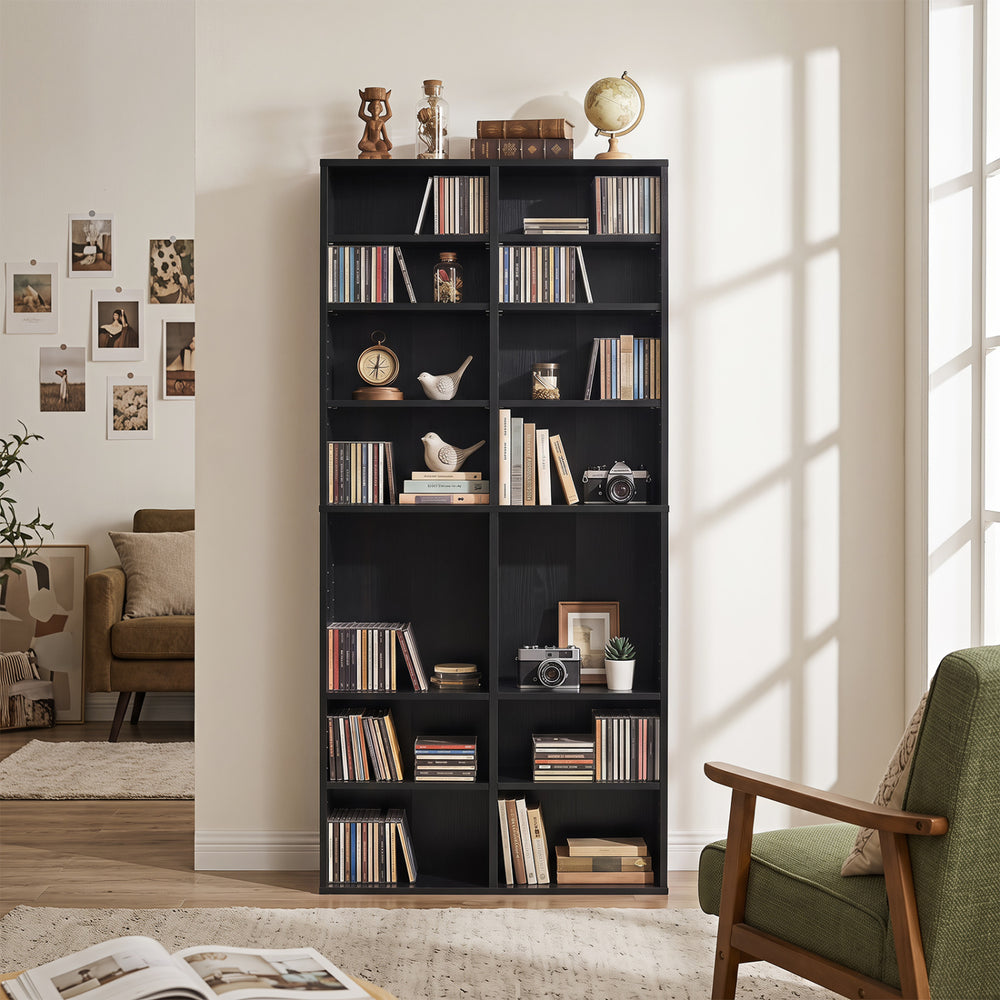 16 Compartment CD Storage Unit 54" Freestanding Open Display Shelf with 12 Removable Shelves-Black - Gallery View 1 of 10