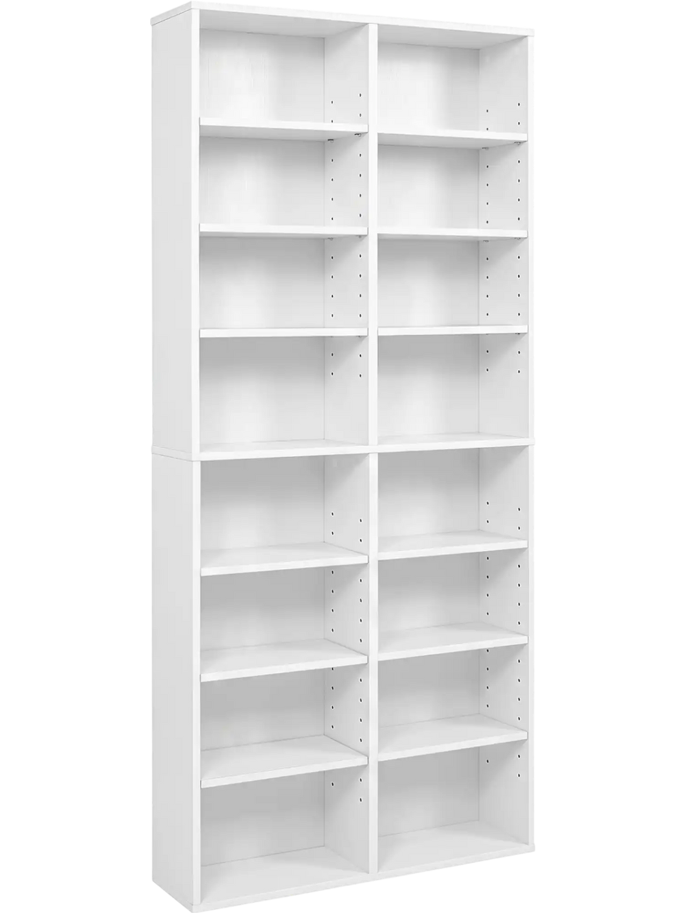 Freestanding white 16 compartment CD storage unit with 12 adjustable shelves for customizable organization.