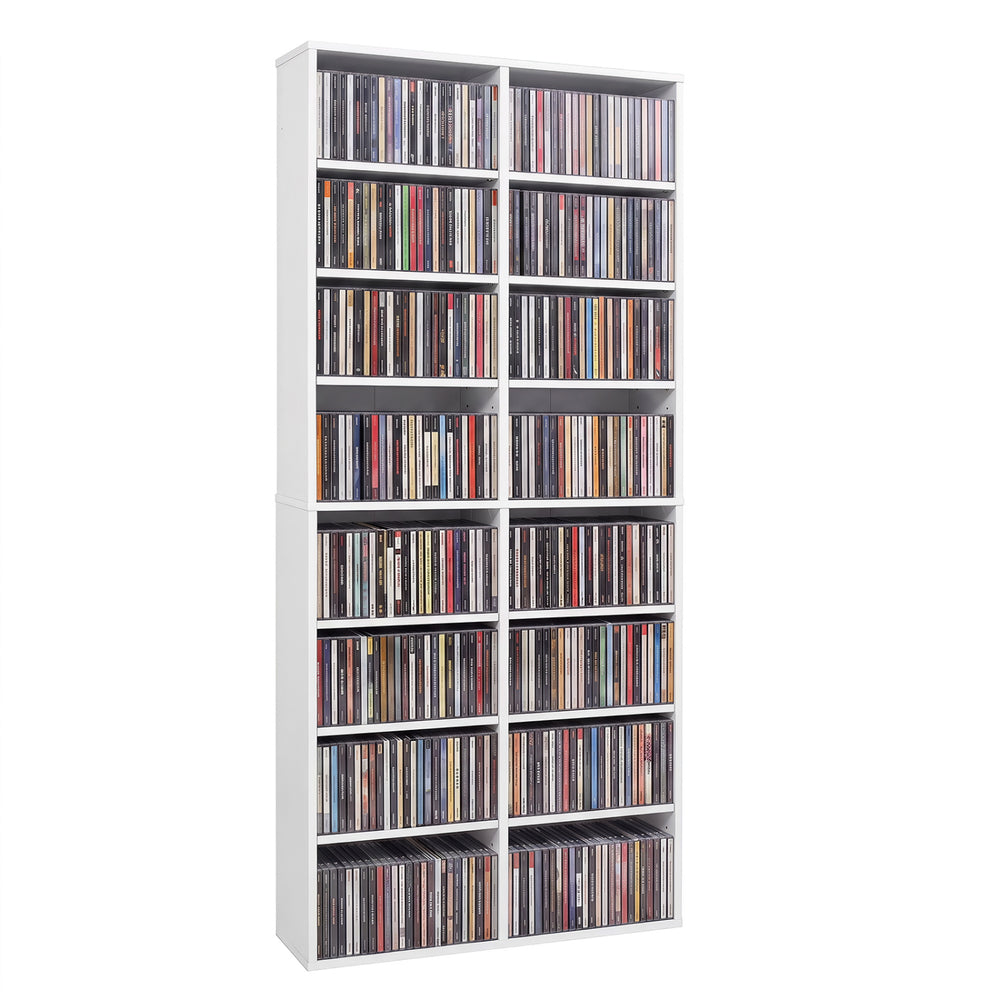 Freestanding white CD storage unit with 16 compartments and 12 adjustable shelves for customizable organization.