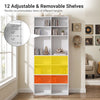 Freestanding white CD storage unit with 12 adjustable shelves for customizable organization and dual anti-toppling devices.