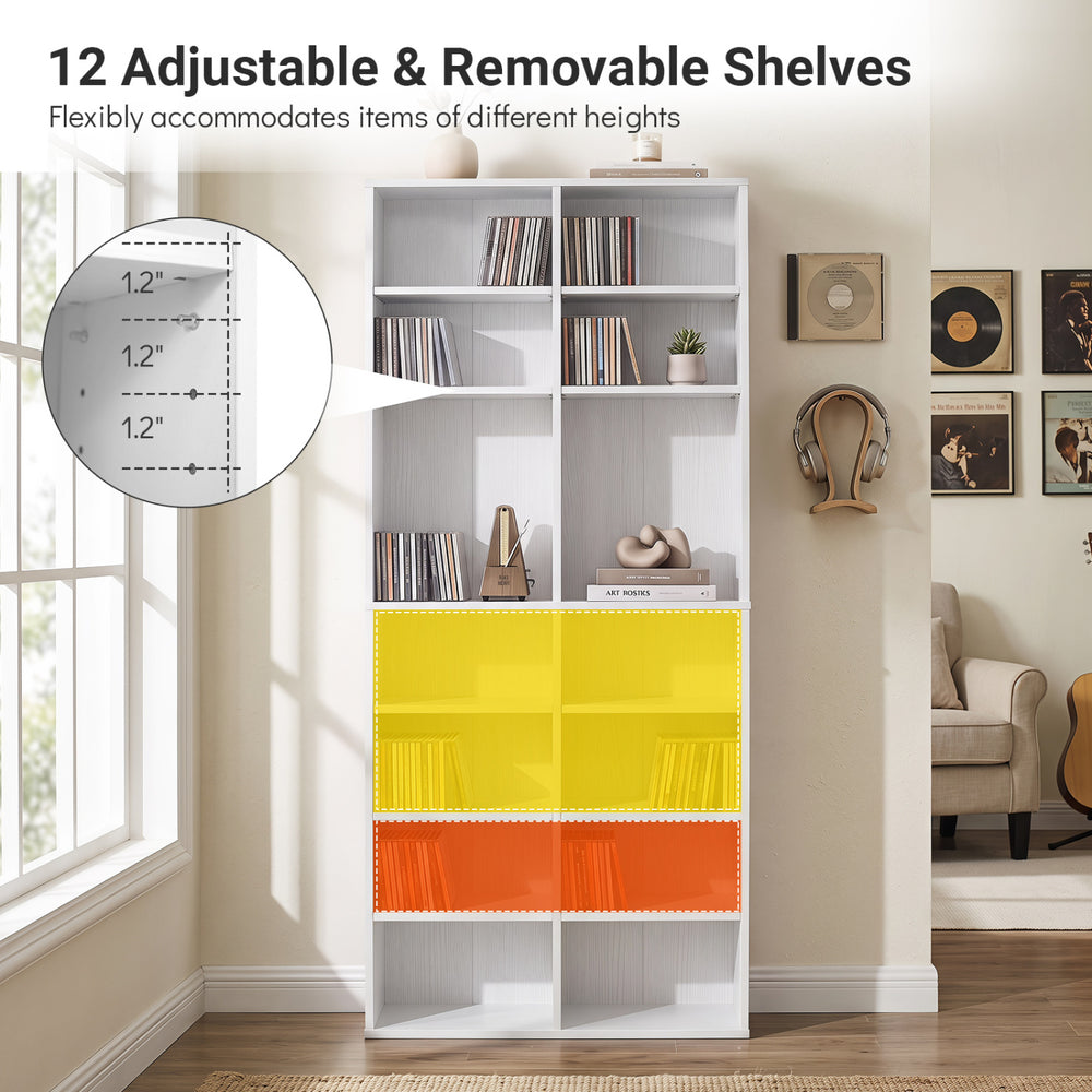 Freestanding white CD storage unit with 12 adjustable shelves for customizable organization and dual anti-toppling devices.