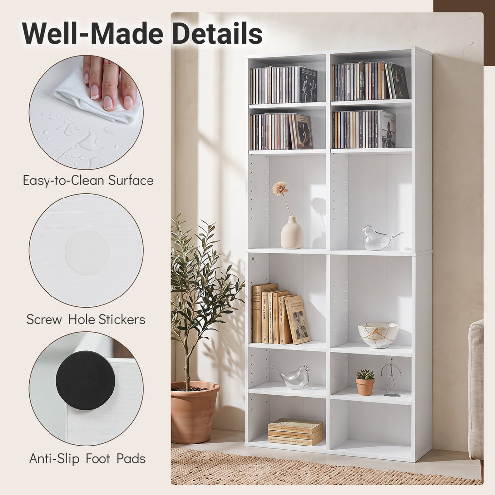 Freestanding white 16 compartment CD storage unit with 12 adjustable shelves and anti-slip foot pads for stable display.