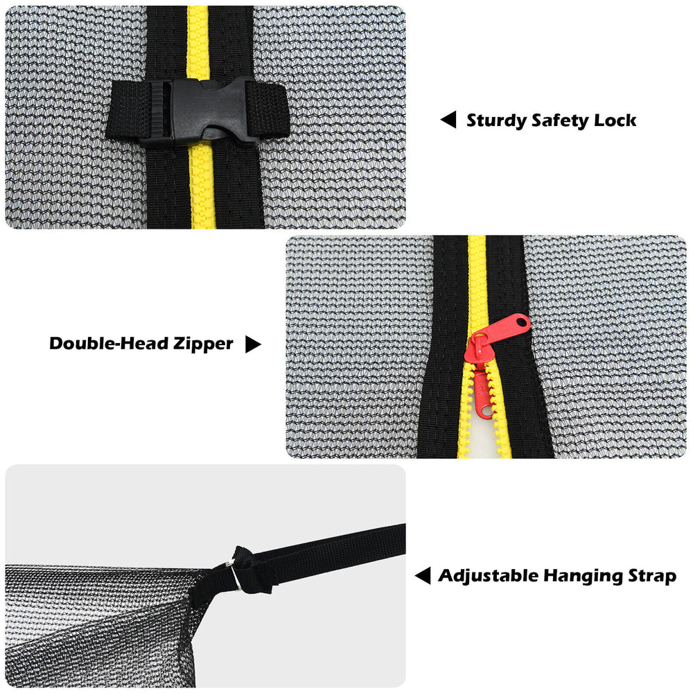 Close-up of the double-head zipper and sturdy safety lock on a 15/16 feet trampoline replacement safety net for secure.