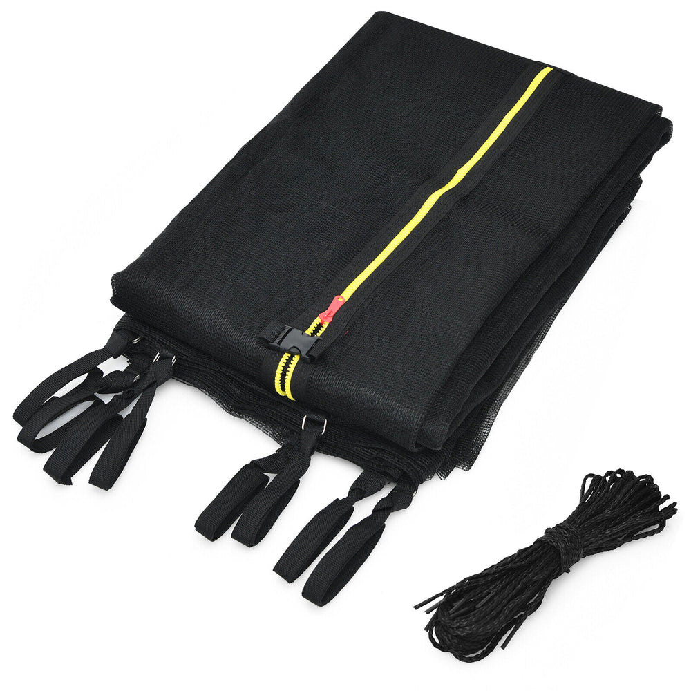 Trampoline replacement safety net for 15/16 ft round trampolines, made of durable PE material with adjustable straps.