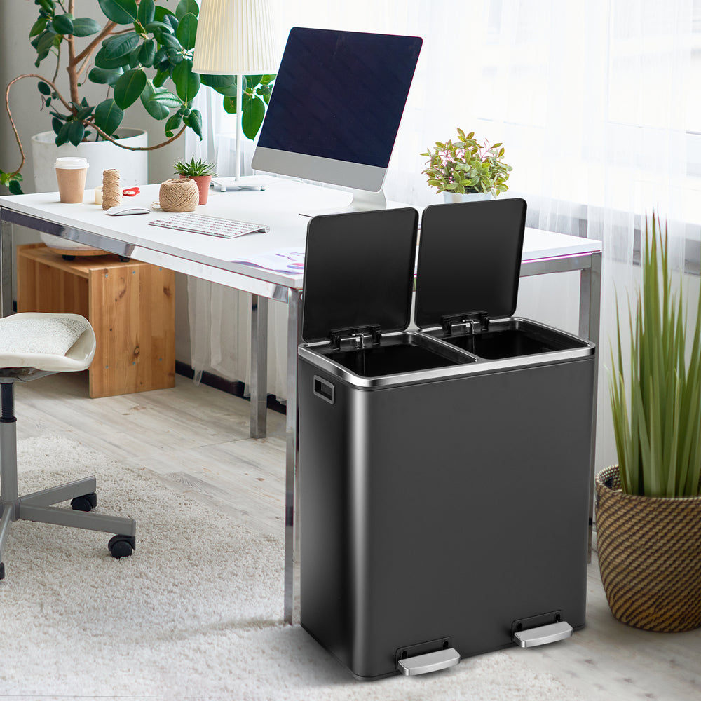 Dual step trash can in black with two separate buckets for efficient garbage sorting, ideal for home or office use.