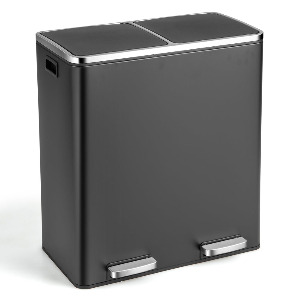 16-gallon black dual step trash can with two separate buckets for easy garbage sorting and noiseless lid operation.