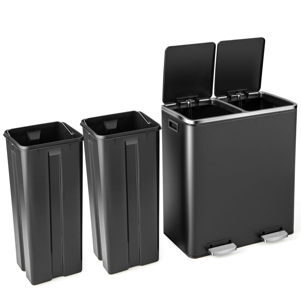 Dual step trash can with two separate buckets for sorting, featuring a sleek black design and noiseless lid mechanism.