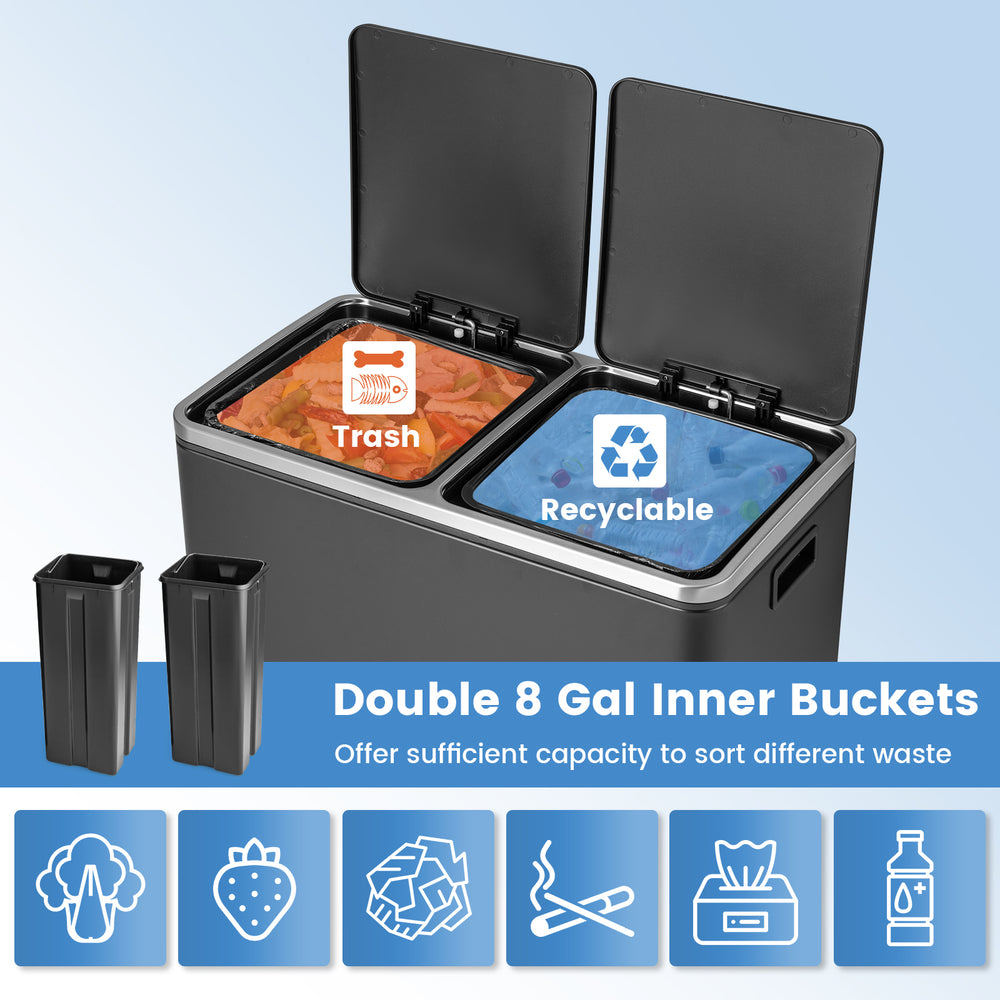 Dual step trash can with two 8-gallon inner buckets for efficient waste sorting, featuring a sleek black design.