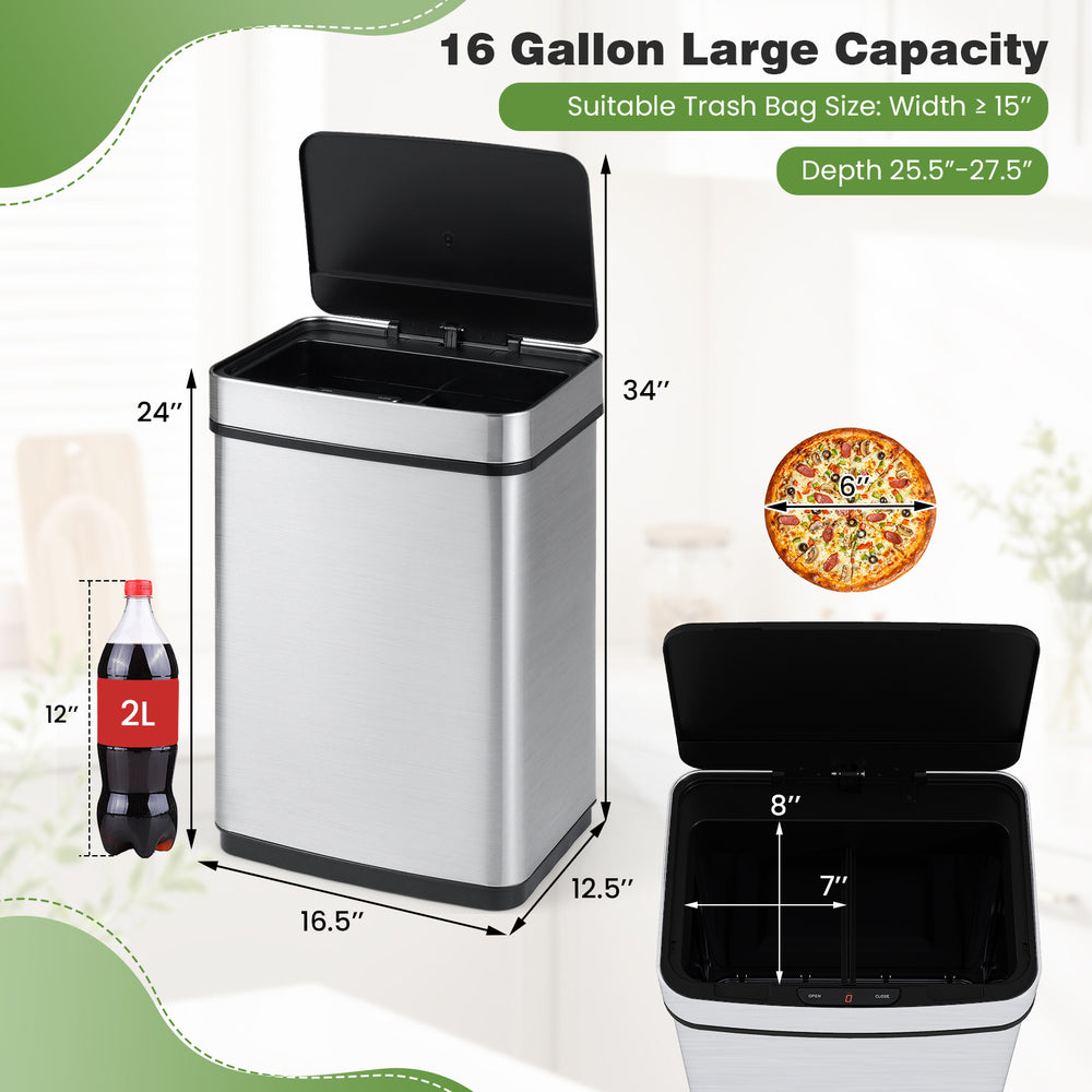 16-gallon silver trash can with infrared motion sensor and dual compartments for efficient waste sorting in kitchens.