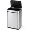 16-gallon silver trash can with infrared motion sensor, dual compartments for waste sorting, and soft-closing lids.