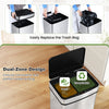 16-gallon silver trash can with dual compartments for waste sorting, featuring an infrared motion sensor and soft.