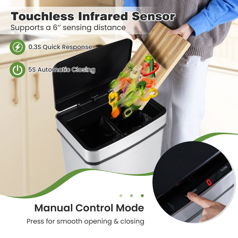 16-gallon silver trash can with touchless infrared sensor and dual compartments for efficient waste sorting.