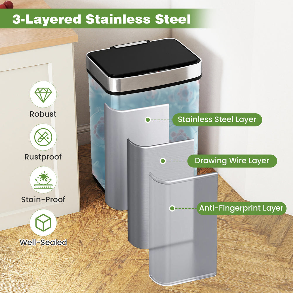 16-gallon silver trash can with dual compartments, stainless steel layer, and touchless infrared sensor for easy waste.