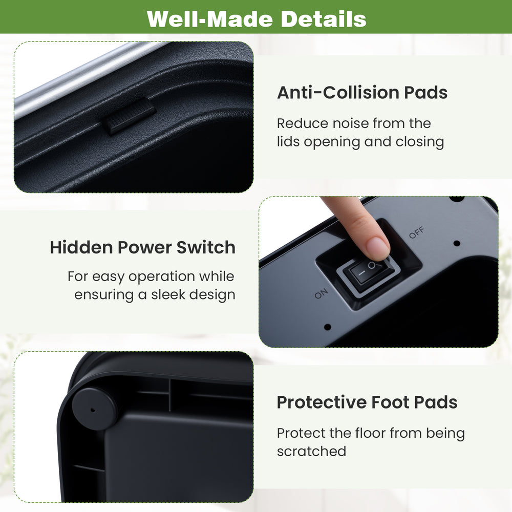 Close-up of the hidden power switch on the 16-gallon infrared motion sensor trash can for easy operation.