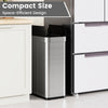 Compact silver 16-gallon trash can with wing lids, designed for space efficiency in kitchens and bathrooms.