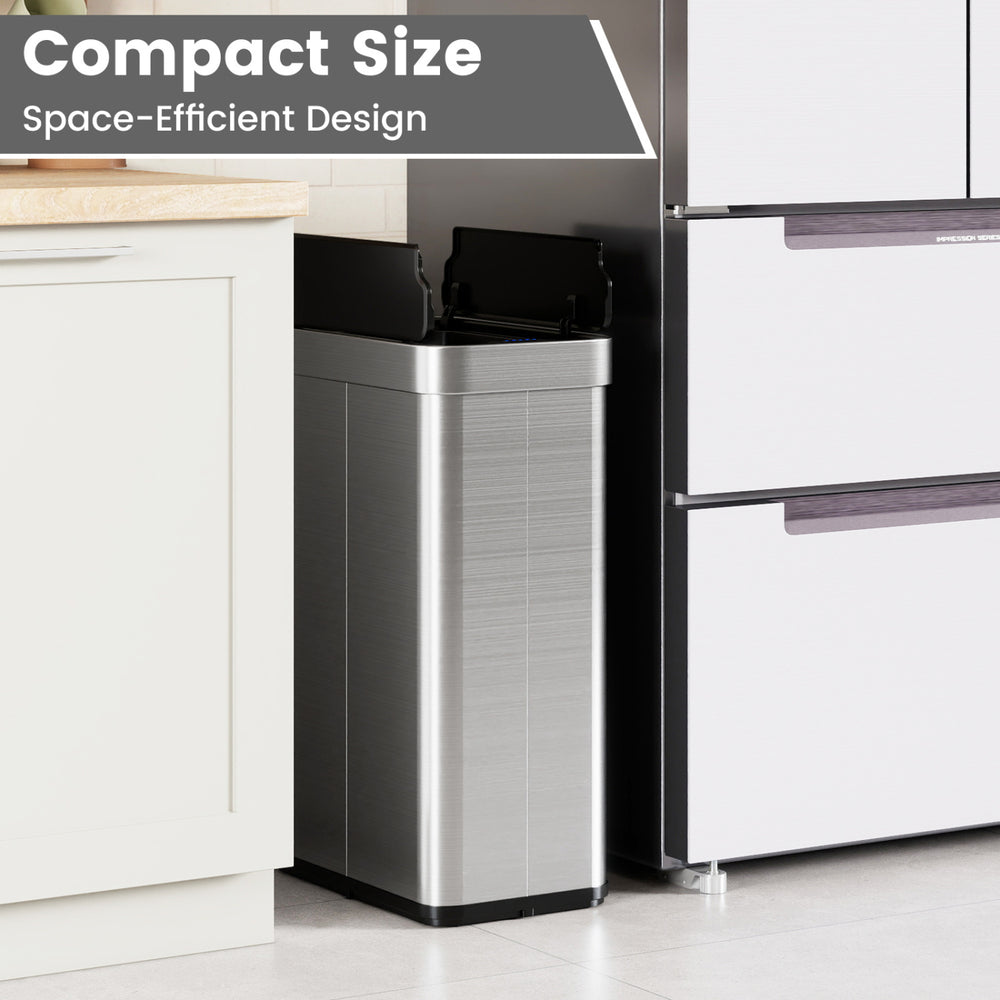 Compact silver 16-gallon trash can with wing lids, designed for space efficiency in kitchens and bathrooms.