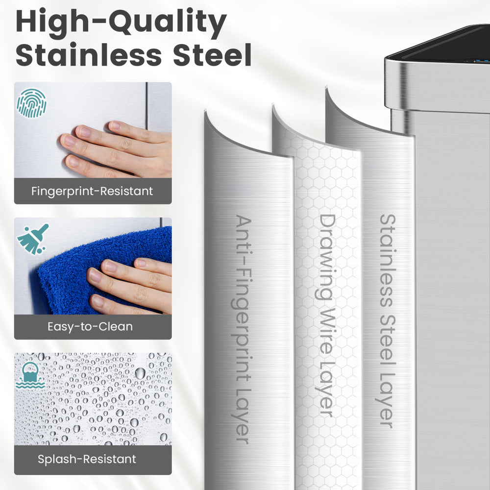 Close-up of the 16-gallon silver trash can showcasing the stainless steel, anti-fingerprint, and splash-resistant.