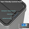 User-friendly control panel of the 16-gallon silver trash can with touchless sensor and manual opening features.