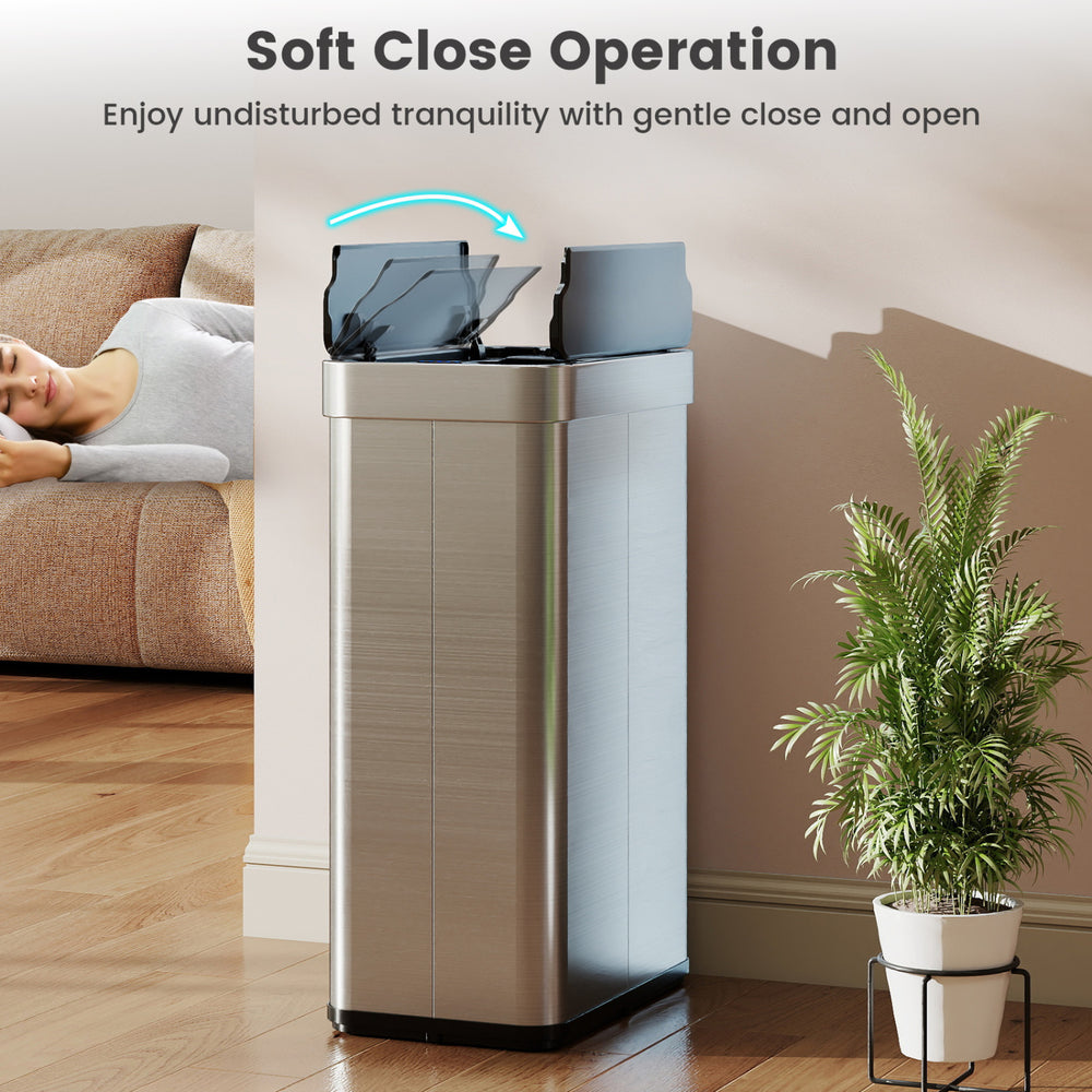 16-gallon silver trash can with wing lids, featuring soft close operation for quiet use in kitchens or bathrooms.