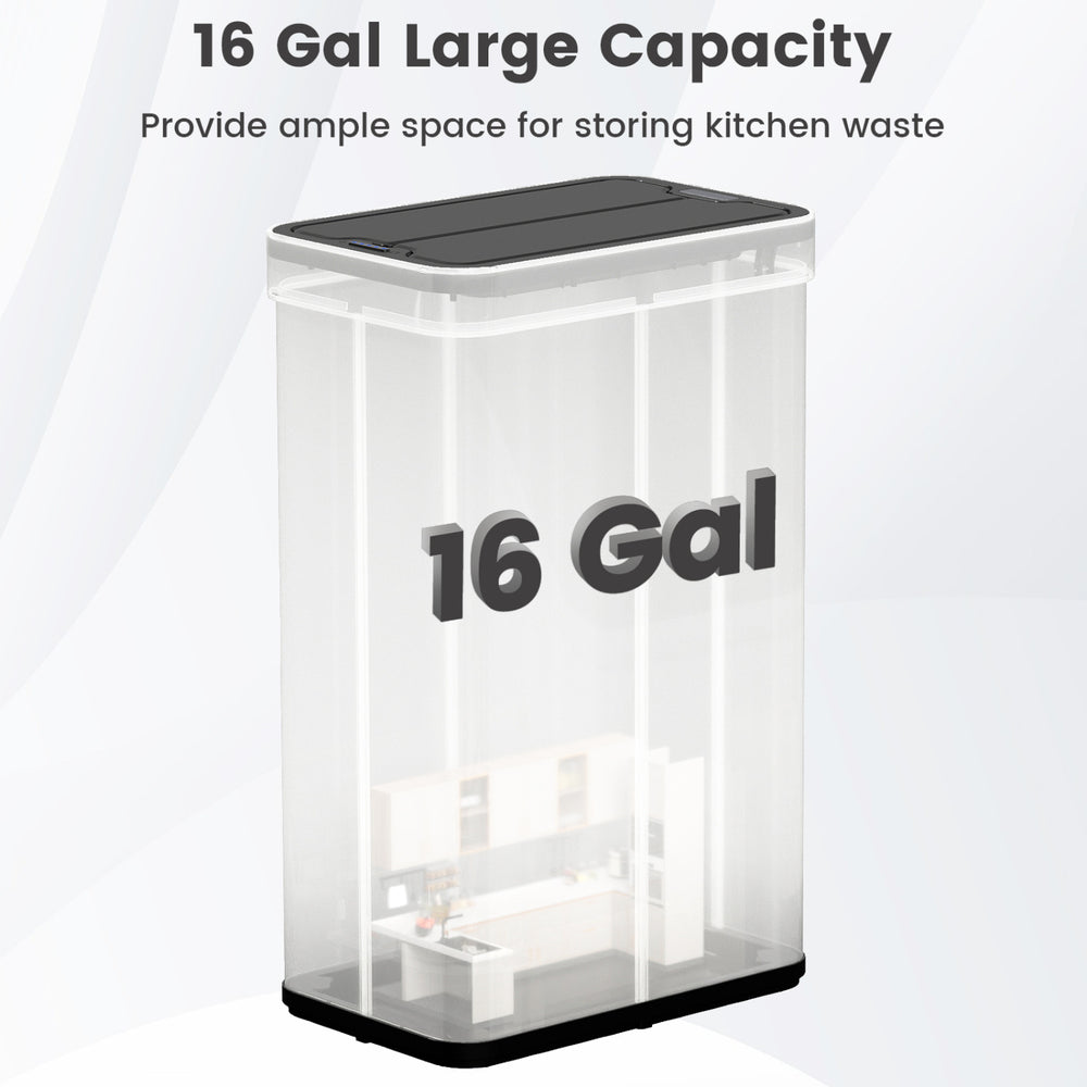 16-gallon silver trash can with wing lids, designed for kitchens and bathrooms, featuring touchless sensor and soft.