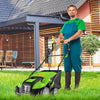 16-inch electric lawn dethatcher and scarifier in green, shown in use on grass, ideal for maintaining healthy lawns.