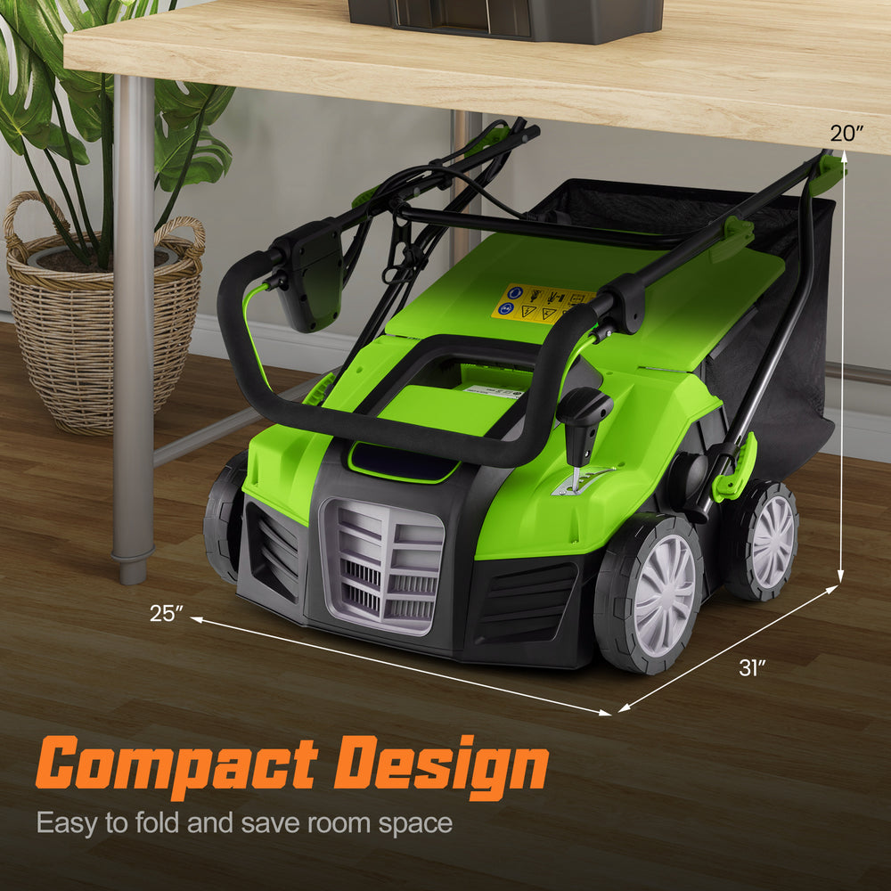 16-inch electric lawn dethatcher and scarifier in compact design, easy to fold for space-saving storage.