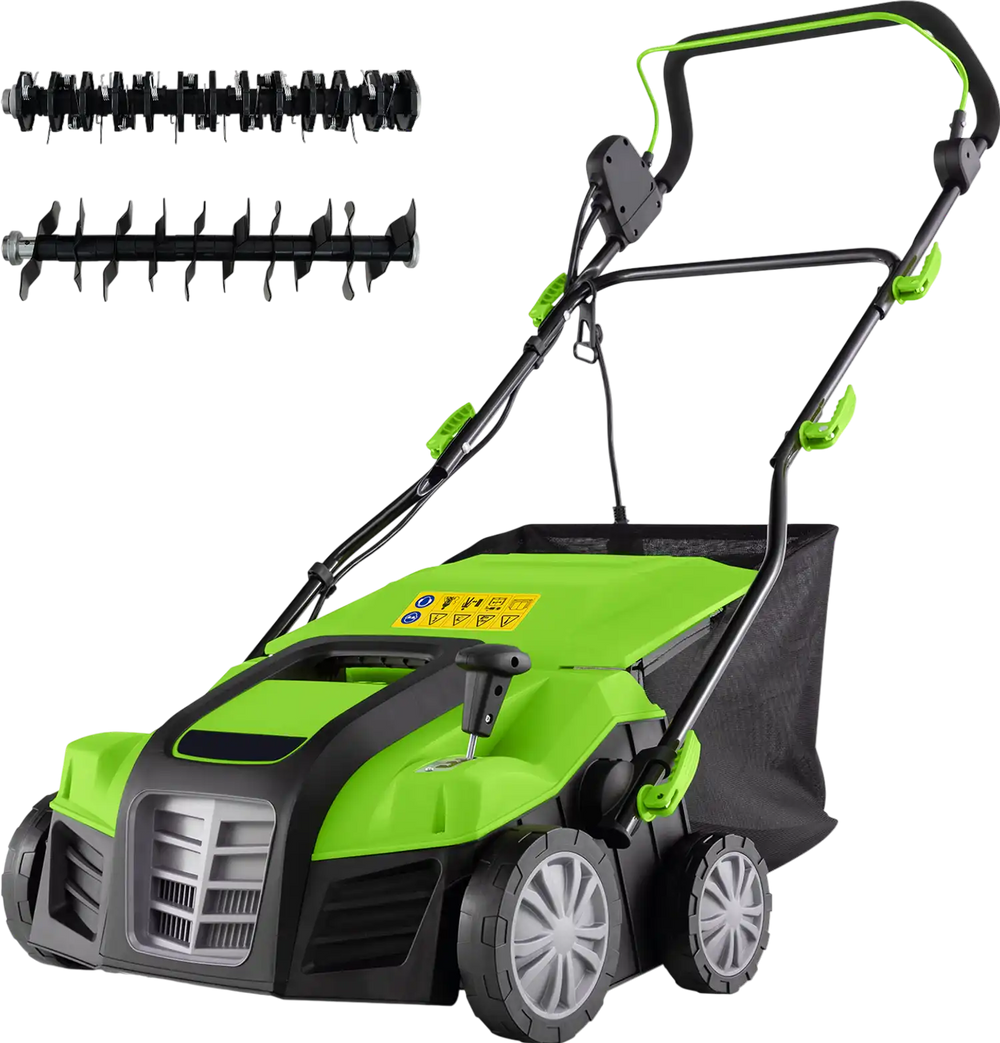 16-inch electric lawn dethatcher and scarifier with collection bag, featuring adjustable heights and dual blades for.
