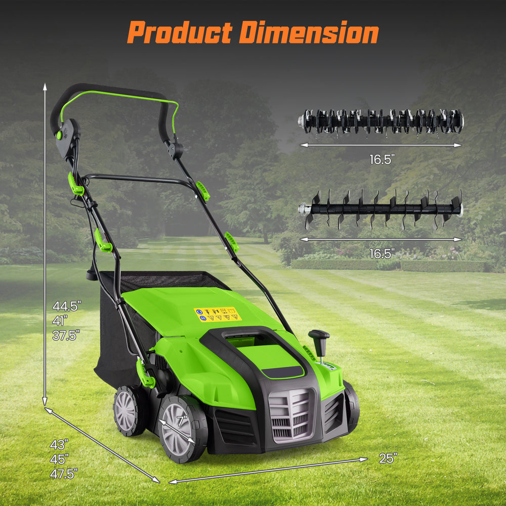 Electric lawn dethatcher and scarifier with 16-inch width, adjustable heights, and collection bag for efficient lawn.