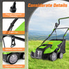 Close-up of the 16-inch electric lawn dethatcher's waterproof plug, cable clips, and wear-resistant wheels for easy use.