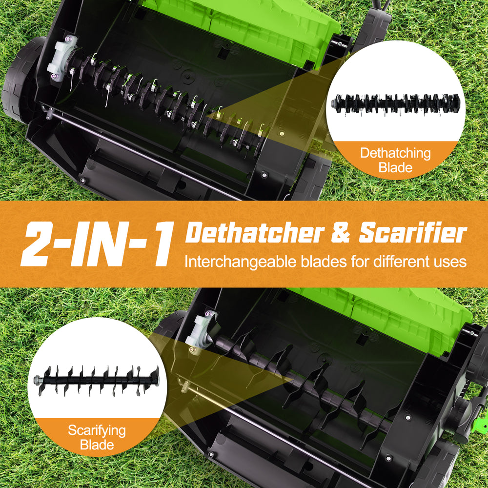 16-inch electric lawn dethatcher and scarifier with interchangeable blades for efficient lawn care and healthier growth.