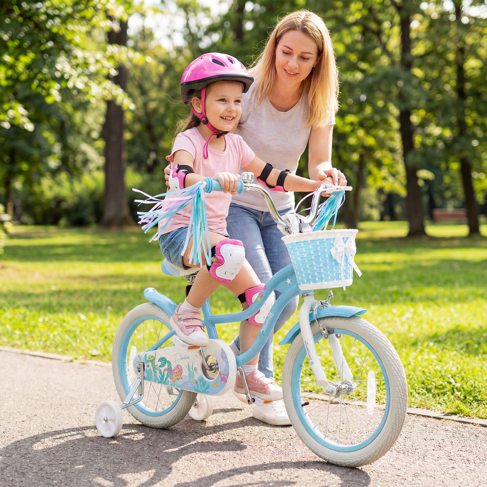 16 Inch Kids Bike Adjustable with Basket and Streamers Blue for Kids Aged 4-7 Years Old - Princess of the Sea Theme - Gallery View 1 of 10