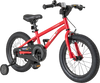16-inch kids bike in red with handbrake, coaster brake, and removable training wheels for ages 4-7.