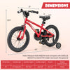 16-inch kids bike in red with handbrake, coaster brake, and adjustable seat, ideal for ages 4-7 with training wheels.