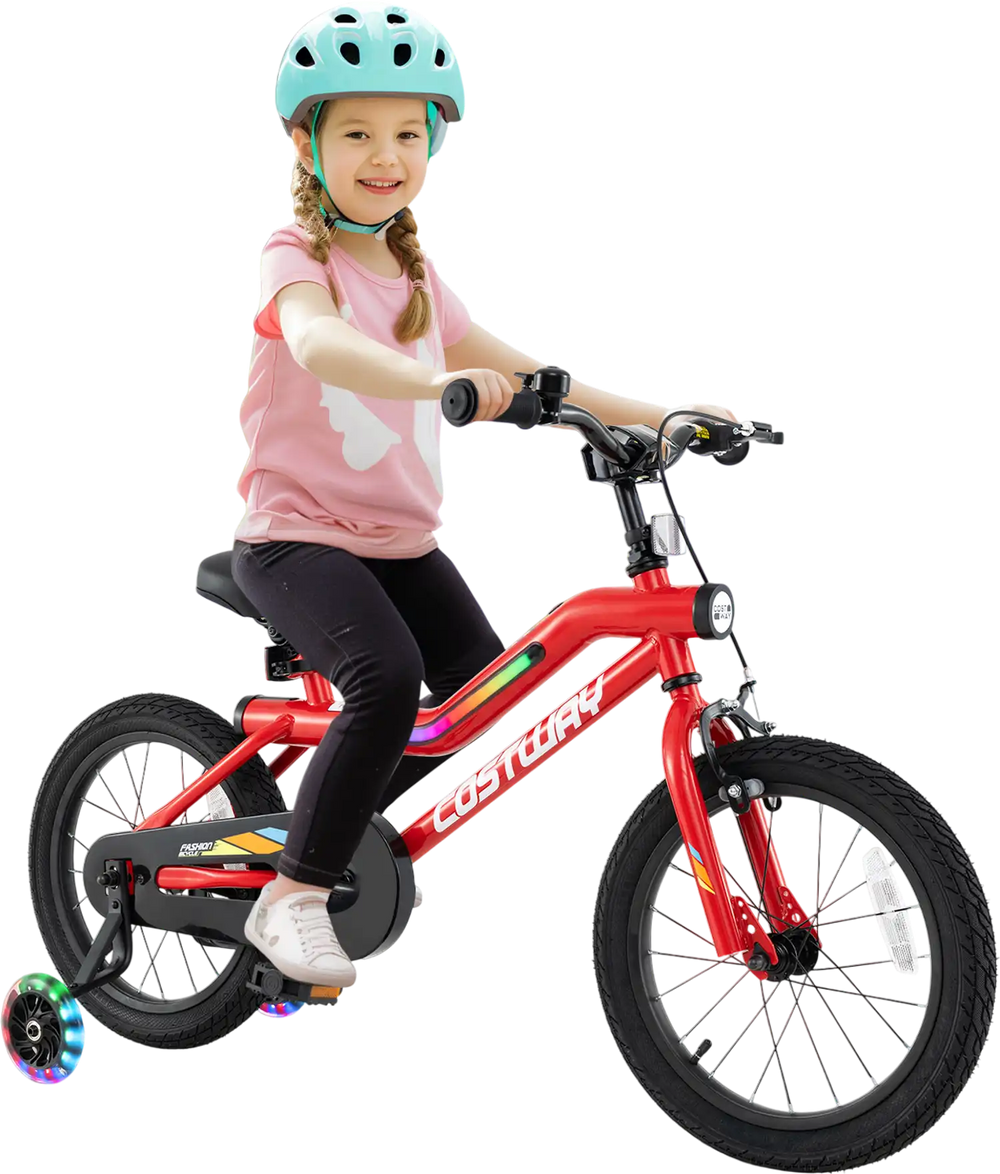 16-inch kids bike in red with LED lights, adjustable seat, and training wheels, perfect for children aged 4-7 years.