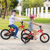Kids riding a 16-inch carbon steel bike with LED lights, adjustable seat, and training wheels for ages 4-7 outdoors.