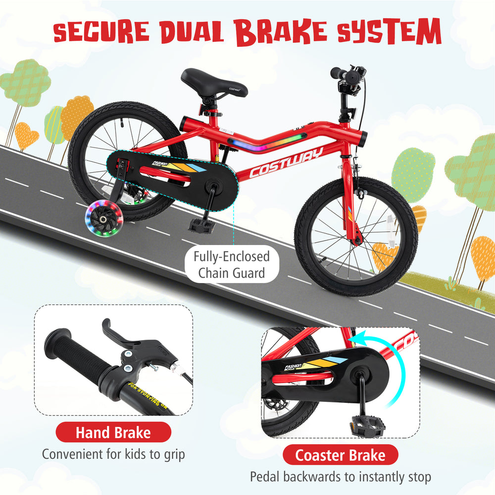 16-inch kids bike with carbon steel frame, LED lights, hand brake, and coaster brake for safe riding. Ideal for ages.