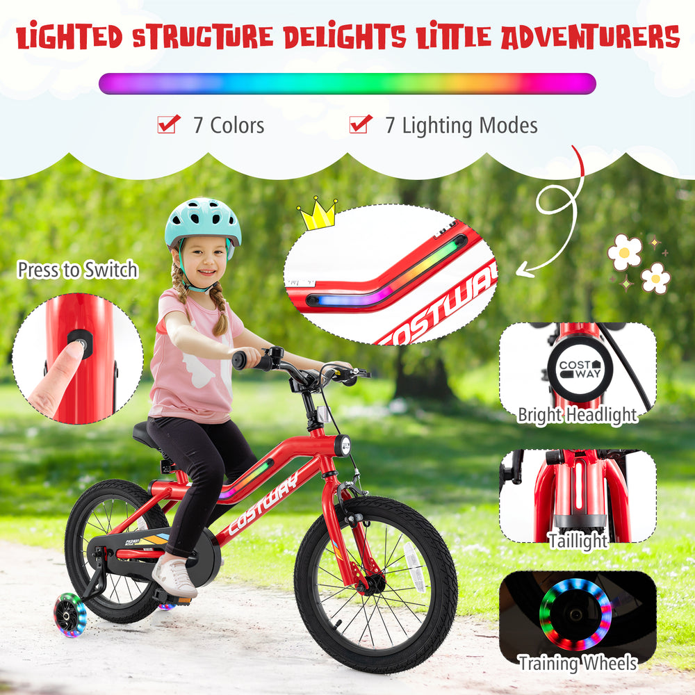 16-inch kids bike with LED lights, carbon steel frame, adjustable seat, and training wheels for ages 4-7.