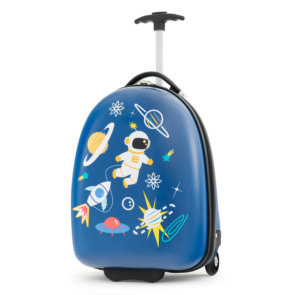 Blue 16-inch kids carry-on luggage with astronaut design, hard shell, wheels, and dual compartments for easy travel.