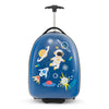 Kids 16-inch hard shell carry-on luggage in blue with astronaut design, featuring smooth wheels and dual compartments.