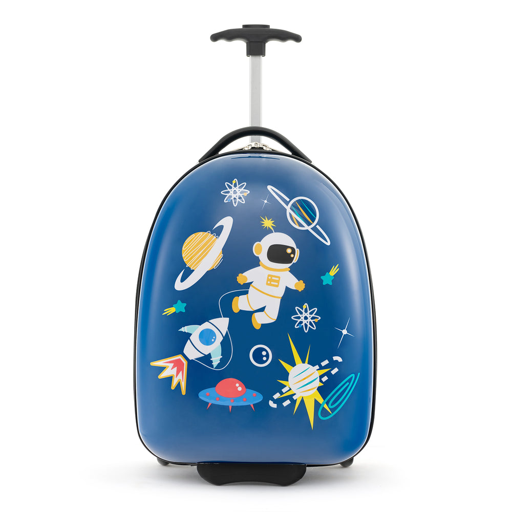 Kids 16-inch hard shell carry-on luggage in blue with astronaut design, featuring smooth wheels and dual compartments.