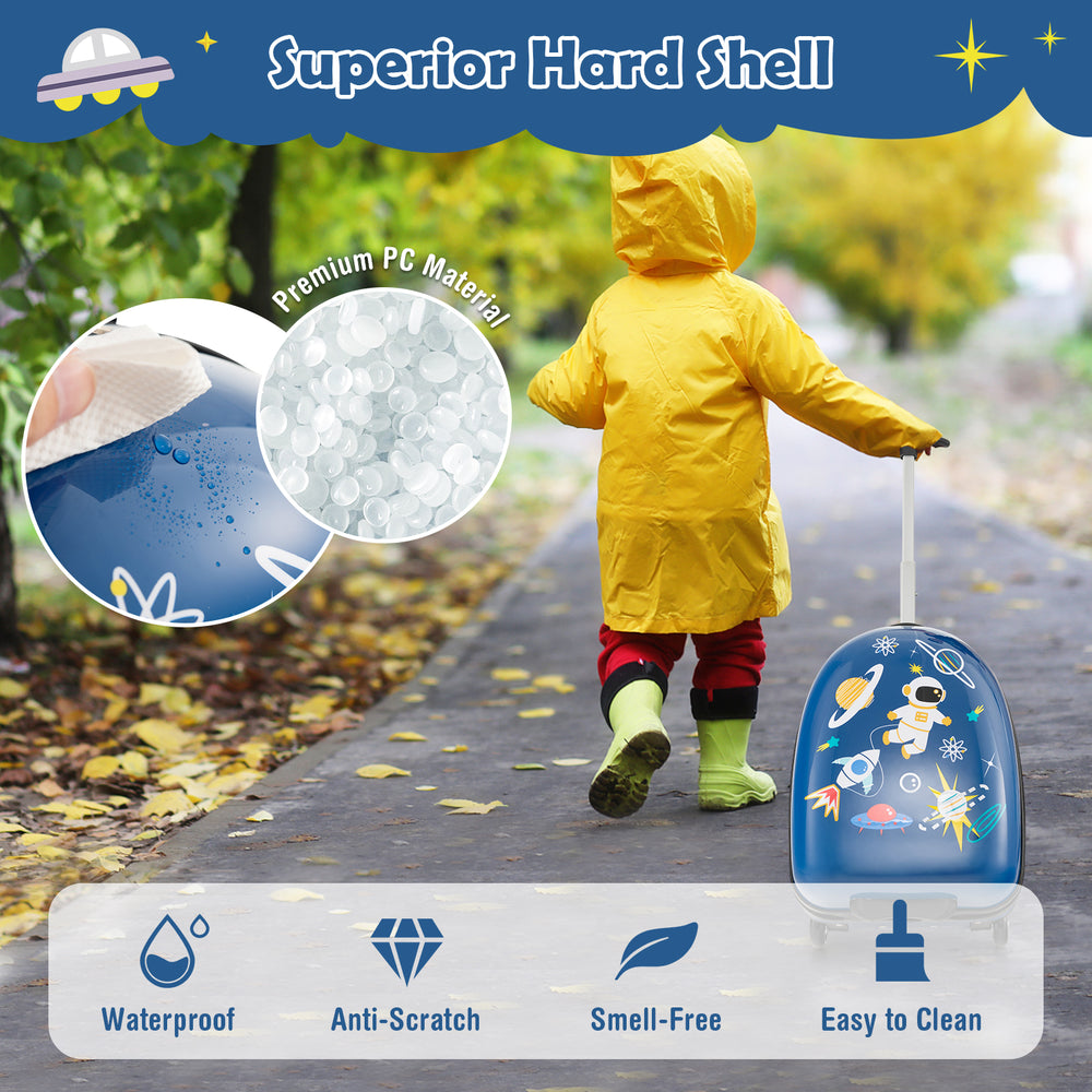 Kids 16-inch blue hard shell suitcase with wheels, featuring premium PC material, waterproof design, and easy.