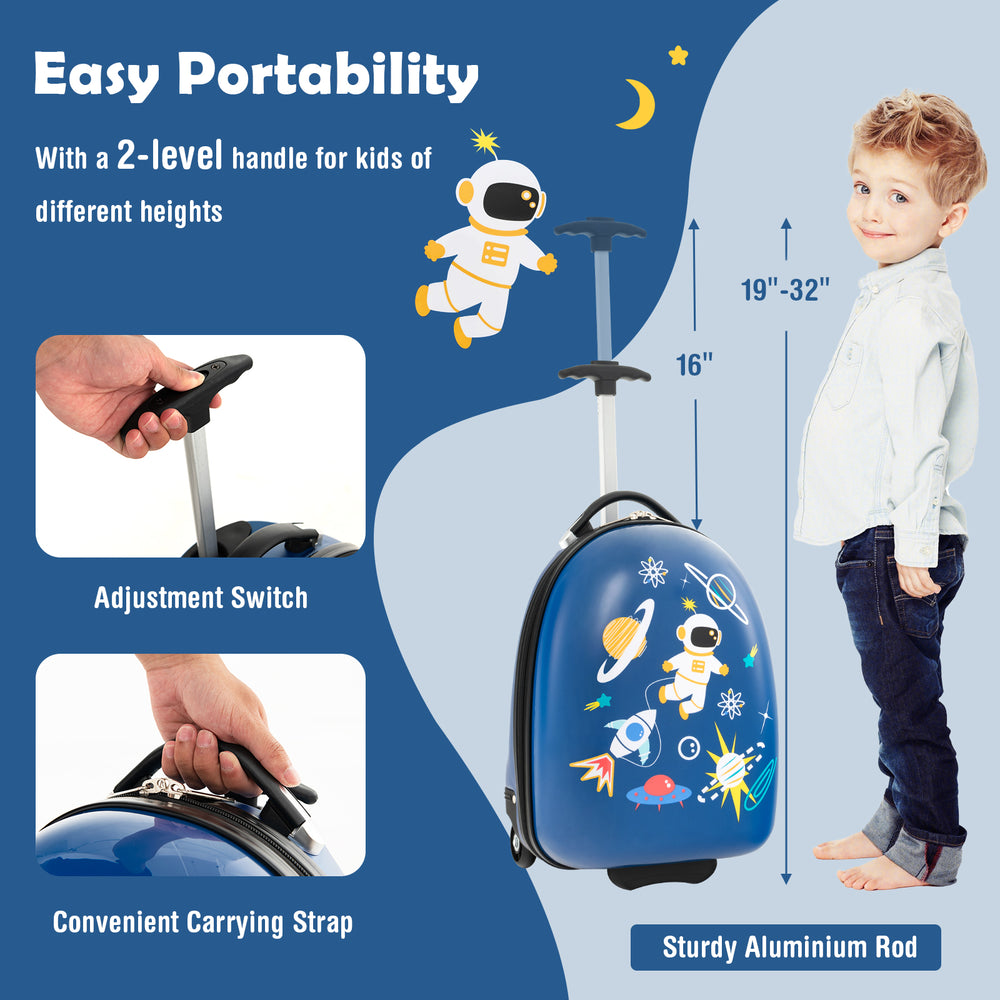 Kids carry-on luggage suitcase in blue with a 2-level handle, sturdy aluminum rod, and smooth wheels for easy travel.