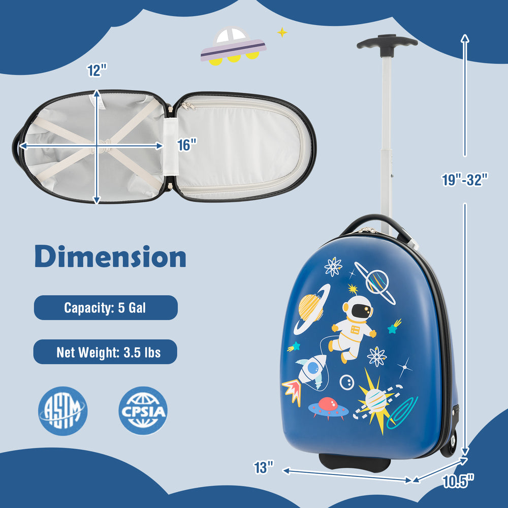 Kids carry-on luggage suitcase in blue with wheels, featuring a hard shell, 5-gallon capacity, and adjustable handle.