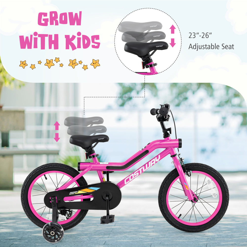 16-inch kids bike in pink with adjustable seat, training wheels, and LED lights for ages 4-7, perfect for safe riding.