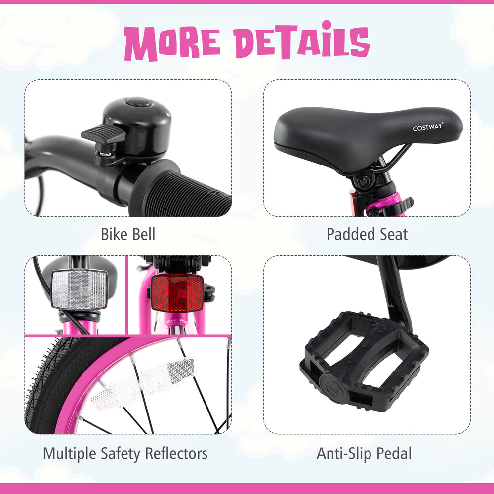 Close-up of the padded seat, bike bell, and anti-slip pedal on a 16-inch LED lighted kids bike for ages 4-7.