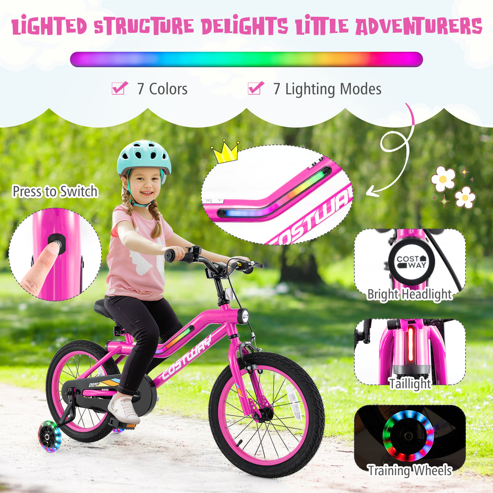 16-inch LED lighted kids bike in pink with training wheels, featuring 7 lighting modes and a bright headlight for ages.