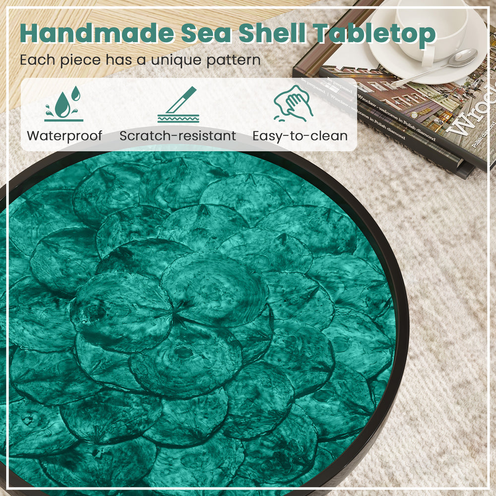Handmade sea shell tabletop coffee end table in green with mahogany legs, waterproof and scratch-resistant for easy.