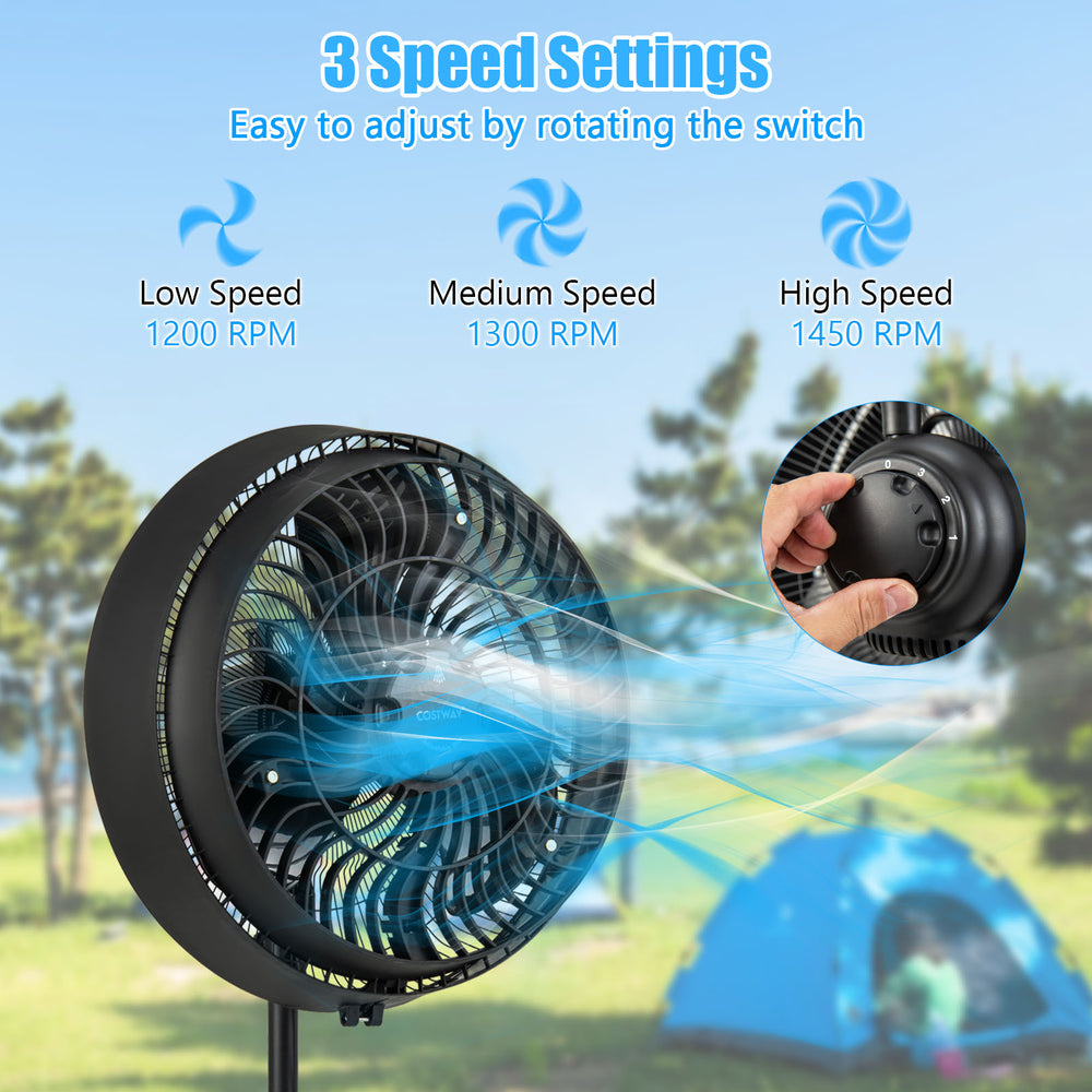 16-inch oscillating pedestal fan with 3 speed settings and mist levels, ideal for outdoor use in patios and gardens.