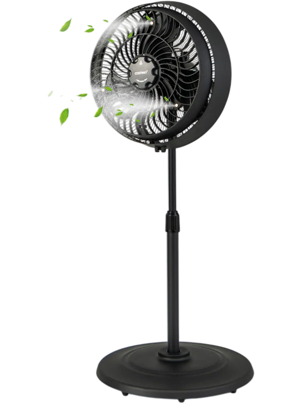 16-inch black oscillating pedestal fan with adjustable height, 3 mist levels, and 90° oscillation for outdoor cooling.
